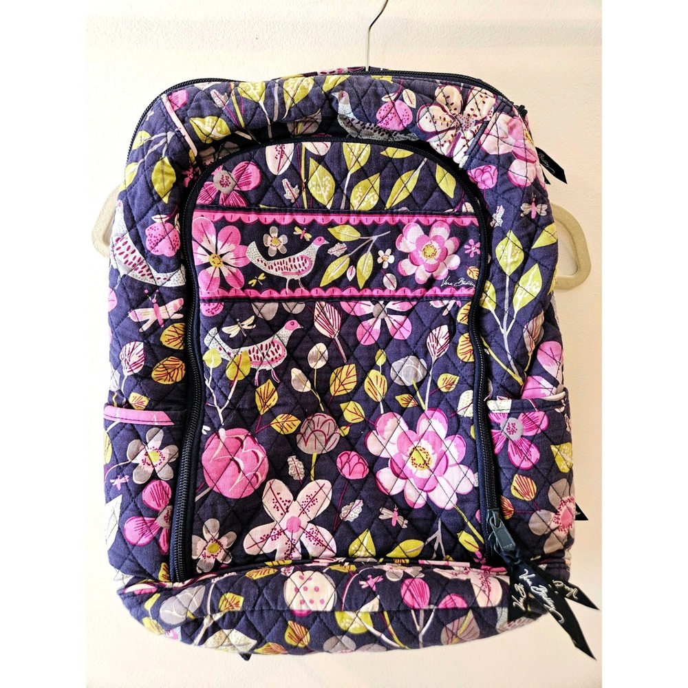 Vera Bradley Night and Day Indigo Quilted Cotton Backpack Floral Bird Laptop Bag